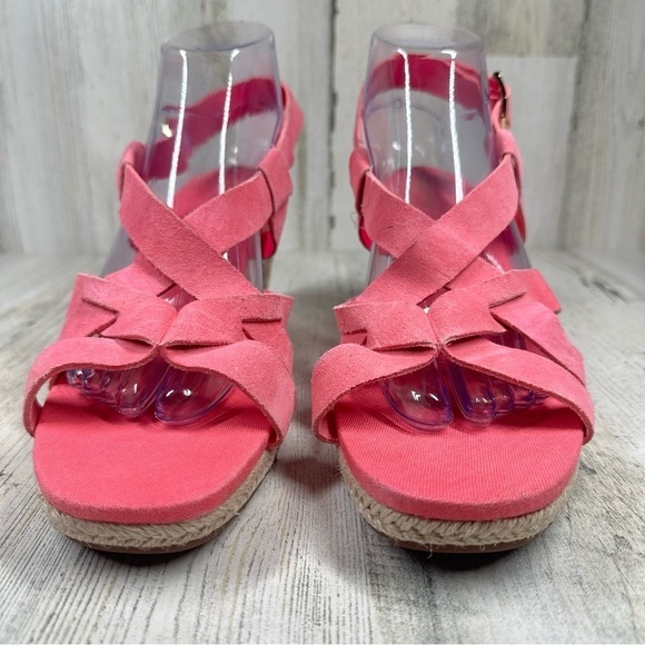 New Cole Haan Crystal Pink Neon Suede Wedge Sandals #195 - Picture 4 of 12